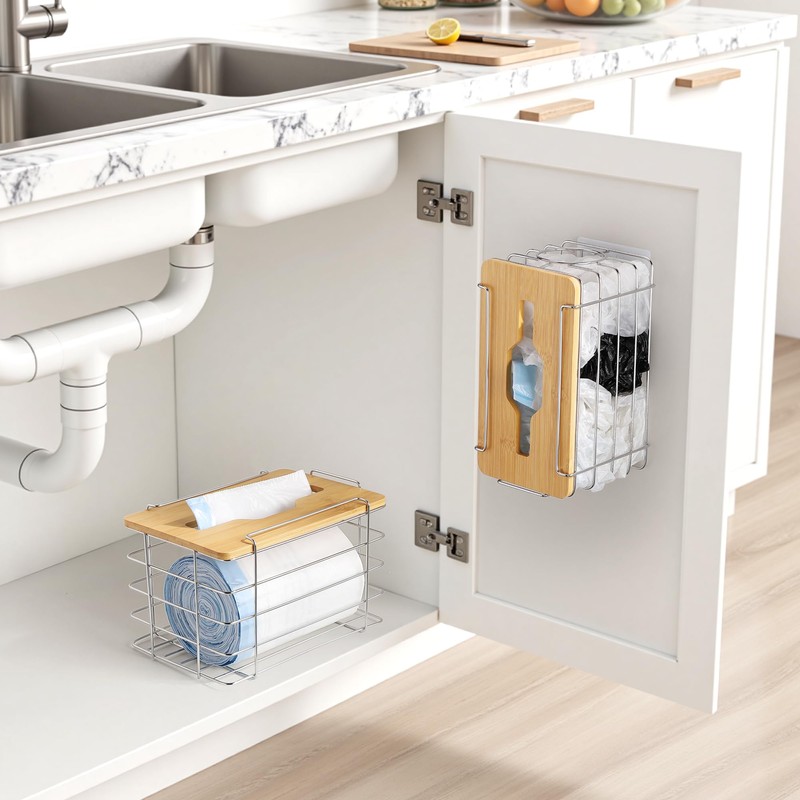 YAFFWA 2 Pack Trash Grocery Bag Holder Wall Mounted Design,