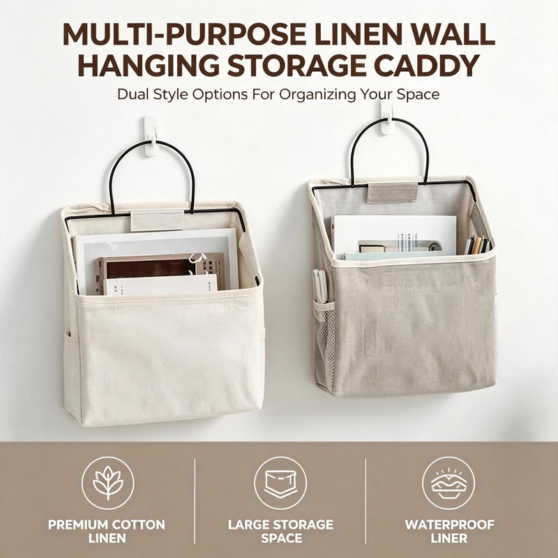 2pcs Linen Cotton Multi-Pocket Wall Hanging Bag with Hooks (Grey)