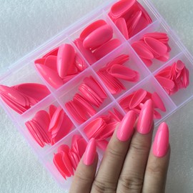 LoveOurHome 240pc Almond Press on Nails Medium Fake Nail Tips Hot Pink Acrylic Nails Press ons Nail Almond Glue Nail Short Stiltto Artificial Fingernail & Glue Adhesive Tabs for Women Girls Kids