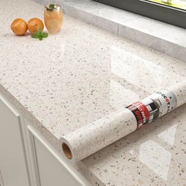 Decotalk 30"x120" Glossy Countertop Contact Paper Peel and Stick Beige Granite Cover Vinyl for Countertops Beige Marble Contact Paper Counter Top Peel and Stick Waterproof Terrazzo Wallpaper Granites