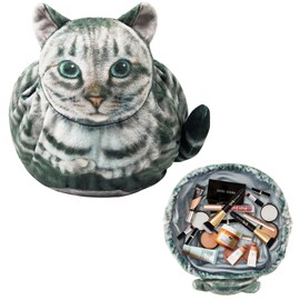 Openhahaha - Bolsa de cosméticos con forma de gato, divertida bolsa de maquillaje de gatitos, bolsa de viaje para cosméticos, bolsa de aseo suave de animales, estuche organizador para amantes de los gatos, Gato atigrado gris, Multifuncional