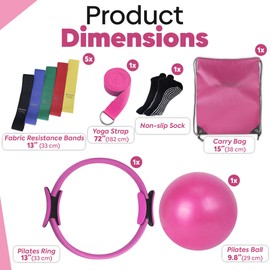 flexintense 9-in-1 Pilates Ring Set – 13” Magic Circle, 9.8” Mini Ball, 5 Fabric Resistance Bands, Yoga Strap, Non-Slip Socks, Carry Bag, Workout Guide – Home Workout Kit for Women & Men (Pink)