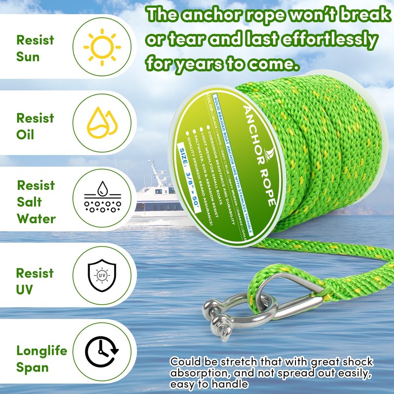 Premium Anchor Rope 50 ft x 3/8 inch, Solid Braid