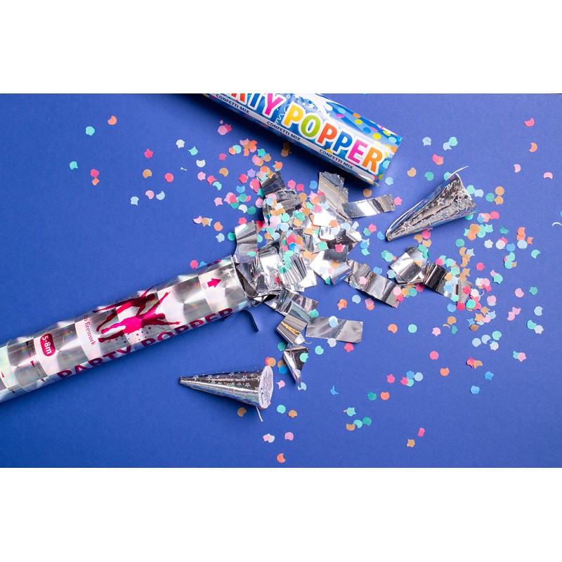 Confetti Cannon 28cm Silver Foil Shapes, Compressed Air Popper Cannon