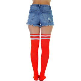 ToBeInStyle Women's Athlete Acrylic Thigh High W/Double Striped Top - Orange/White - OSP