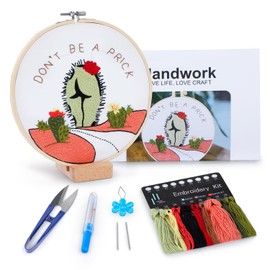 BERYA Funny Cactus Embroidery Kit with Embroidery Hoop, Easy Embroidery Kit for Beginners, Include Instructions, Display Stand, Printed Cloth, Threads and Tools - with Video Tutorials (BEC005)
