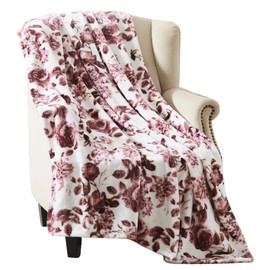 Home Decor Floral Fleece Throw Blankets: Soft Plush Liv Flower Garden Accent for Sofa Couch, Blush Pink Blue Purple Burgundy White