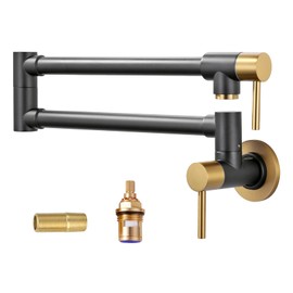 Pot Filler Faucet Black and Gold, ALEASHA Solid Brass Made Pot Filler, Wall Mount Folding Kitchen Sink Pot Filler Faucets, Retractable Single Hole with Two Handles for Sink Stove