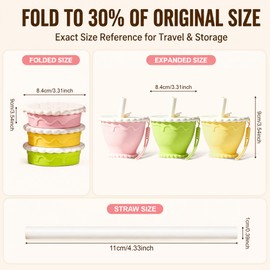 3 Pack Foldable Travel Cup, Cookie Shaped Collapsible Silicone Travel Cup with Straw & Lanyard, Foldable Portable Drinking Cup for Travel Camping Hiking Airplane (Green/Yellow/Pink)