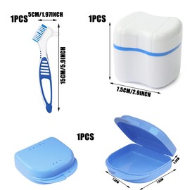 Denture Storage Box, Prosthesis Container, Denture Cup, Denture Box Set, Prosthesis Box with Basket, with Denture Cleaner Brushes, for False Teeth Storage, Cleaning, Blue