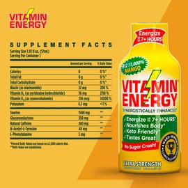 Vitamin Energy B12 Energy Shots | Natural Healthy Energy & Focus Drink | Sugar-Free Carb-Free Supplement | Vitamins B6, B12 | Energize up to 7+ Hrs | Mango - 1.93 fl oz - Pack of 24