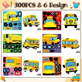 Haooryx 300pcs Make Your Own School Bus Scene Sticker Roll Back to School Make A Cartoon School Bus DIY Sticker First Day of School Mix and Match Cute School Bus Sticker School Reward for Kids
