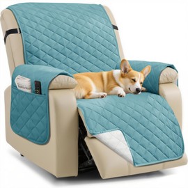Neween Water-Resistant Recliner Chair Covers, Reversible Recliner Cover Non-Slip Dog Chair Slipcover Furniture Protector Washable Slipcover with Pocket, Elastic Straps for Pets, Dogs (Blue/Beige)