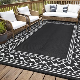 Outdoor Rug Waterproof for Patio, 8x10 Foldable Reversible Plastic Straw Carpet for Travel Trailers, Bordered Outside Area Mat for Rv, Deck, Picnic, Porch, Camper, Balcony, Beach, Black/White