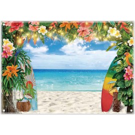 Luminora 8x6ft Fabric Summer Hawaiian Beach Backdrop Tropical Flower Surfboard Ocean Palm Leaves Background Luau Aloha Party Decorations Photo Banner Props