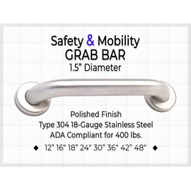 Bathroom Safety 1.5" Grab Bar - ADA Handrail/Bathtub Shower Toilet/304 Stainless Steel/Smooth/ 18"