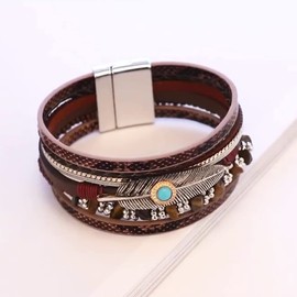 Turquoise Leather Wrap Bracelet Layered Beaded Bracelets for Women Multilayer Feather Cuff Bracelets Bohemian Western Bracelet for Women (brown)