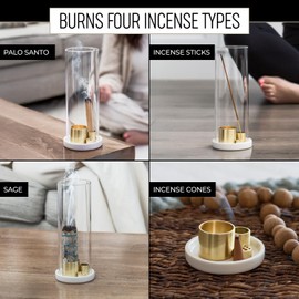 4 in 1 Ceramic Incense Burner with Glass Ash Catcher, Incense Holder for Sticks, Palo Santo, Sage and Cones - Ceramic Ash Catcher Tray for Meditation Yoga Room Home Decor - White