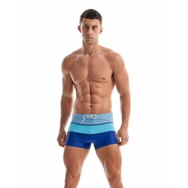 KOTENKO Traje de baño para hombre, traje de baño tipo bóxer de corte cuadrado, Azul / Patchwork, Large