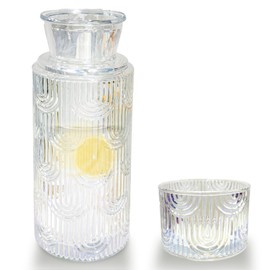 Aimery Bedside Water Carafe and Glass Set for Nightstand (Iridescent) Mouthwash Water Dispenser for Bathroom, 21.6 OZ Glass Pitcher Bottles with 6 OZ Lid for Kitchen