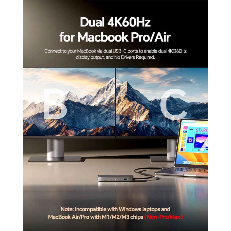 PULWTOP MacBook Pro Docking Station Dual Monitor 4K@60Hz for MacBook