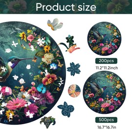 Wooden Puzzles for Adults, Hummingbird Jigsaw Puzzles 500 Pieces, Unique Shaped Round Flower Puzzles for Adults and Kids, Family Game 16.7 x 16.7 Inch