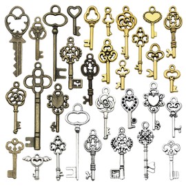 Canollo Pack of 31 Key Pendant Decoration, Bronze Vintage Skeleton Key Charms Pendant, 3 Colours Vintage Decorative Axle Key for DIY Necklace Jewellery Charms, Party Decorations (Bronze + Gold +