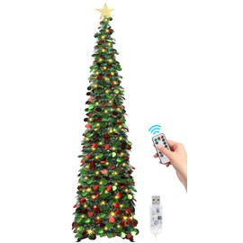 SINTENILL 6 FT Pop Up Christmas Tree with 100 LED Timer Lights & Remote, Green Collapsible Christmas Tinsel Tree Artificial Pencil Tree Xmas Decoration for Holiday Home Office Party, USB Powered