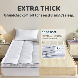 Cosmoluxe Mattress Topper King (80"x78"), 2 Inch Pillowtop Mattress Topper for Back Pain, Down Alternative Mattress Pad Cover with 8~21 Inch Deep Elastic Pocket, Navy Piping