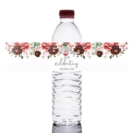 URROMA Wedding Water Bottle Labels, 50Pcs Red Flowers Wedding Wraps Sticker Wedding Date Labels for Bridal Shower Party Wedding Drinking Water Bottle Label