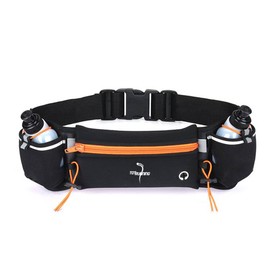 Adjustable Running Belt with Zipper Pocket, 2 Water Bottles, 2 Elastic Bands and Straps. (Black-Orange)