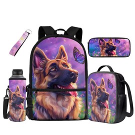 SCRAWLGOD German Shepherd Backpack and Lunch Bag Set for Girls 6-8/8-9 Dog Elementary School Bookbag Butterfly Back Pack with Lunch Box Pencil Case Watter Bottle Holder Keychain Kids Student Book Bags