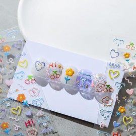 Cute Kids Nail Stickers 5D Embossed Self-Adhesive Nail Stickers Including Cute Bears Flowers Butterflies Hearts Fruits Strawberries and More for Little Girls Women Nail Art Decoration Fun(3 Sheets)