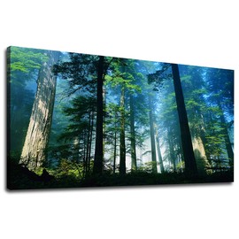 Green Forest Wall Art Spring Woods Canvas Pictures Foggy Morning Landscape Large Nature Pictures Modern Canvas Artwork Wall Decor for Living Room Bedroom Home Office Kitchen Wall Decor 24" x 48"