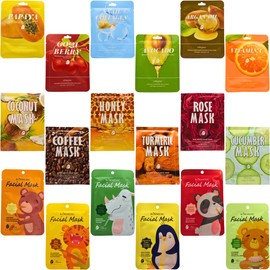 Kit de 18 Mascarillas faciales coreanas surtidas - Aguacate, Colageno de caracol, baya Goji, Papaya, Vitamina C, Aceite de Argan, Cúrcuma, Miel, Café. Coco, Pepino, Rosa y mas.
