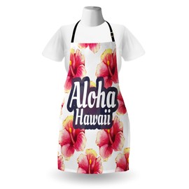 Lunarable Hawaiian Apron, Aloha Hawaii Tropical Flowers Floral Ornament with Wildflowers Classic Design, Unisex Kitchen Bib with Adjustable Neck for Cooking Gardening, Adult Size, Yellow Pink