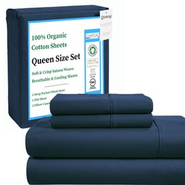 100% Organic Cotton Sheets Queen Size Set, Soft & Comfy Sateen Weave GOTS & OEKO TEX Certiifed 15" Deep Pocket Queen Sheets, Machine Washable Low Pill Soft Breathable Sheet & Pillowcase Sets- Navy