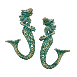 Sungmor Set of 2 Cast Iron Mermaid Wall Hooks – Vintage Towel Hanger, Nautical Ocean Theme Decor with Antique Teal Finish – Heavy Duty Decorative Coat Hooks for Beach House, Bathroom, or Entryway