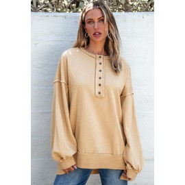 AlvaQ Oversized Sweatshirts For Women 2025 Fall Winter Outfits Casual Henley Neck Sweatshirt Loose Drop Shoulder Button Down Tunic Tops Khaki Large