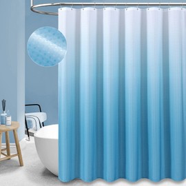 Dynamene Extra Long Shower Curtain - 96 Inch Long Blue Ombre Waffle Weave Fabric Shower Curtain for Bathroom, Rust Resistant, Tall Weighted Cloth Shower Curtain Set with 12 Hooks, 72x96, Blue Grey