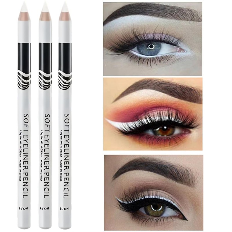3PCS White Eyeliner Pencils,Soft Highlighter Gel Eyeliner Pencil,White Pencil for