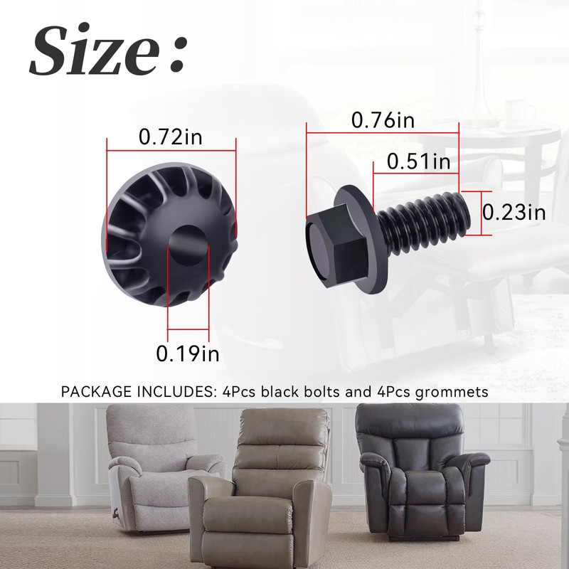 XYgdhqpt ​​4Pcs Rocker Recliner Black Bolts with Grommets Compatible with