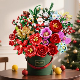 CUBIMANA 25 Pack Christmas Flower Bouquet Building Set with LED Light, Rose Botanical Collection Building Blocks, Party Favor Christmas Gift for Adults Women Kids 12+, Artificial Plants for Home Decor