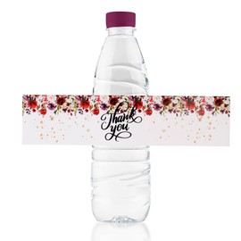 URROMA 50Pcs Red Flowers Water Bottle Labels, Thank You Wedding Drinking Water Bottle Label Date Labels for Bridal Shower Party