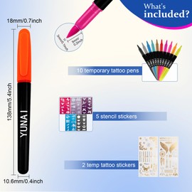 YUNAI Temporary Tattoos Markers for Skin, Tattoo Pen Kit with 10 Body Tattoos Pens 5 Tattoo Stencils 2 Tattoos Stickers for Adults, Fine Tip, Assorted Bright Colors