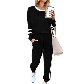 Aloodor Lounge Sets for Women Loungewear Set Casual Stripe Sleeve Tops Black XS