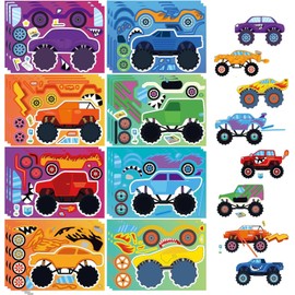 24 Sheets Cartoon Make a Face Stickers, Make Your Own DIY Stickers for Kids, Art Crafts Suitable for Birthday Party Supplies Gifts (Monster Truck)