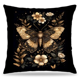 LUKIPOM Moody Gothic Floral Butterfly Pillow Covers 18x18, Butterfly Room Home Decor, Dark Cottagecore Flower Rustic Botanical Moth Decorative Throw Pillow Covers