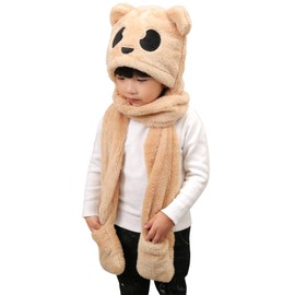 Kids 3 in 1 Winter Hoodie Hat Scarf Gloves Set Soft Plush Thick Warm Hooded Scarf with Pockets Earflap Hat Faux Fur Child Cute Multifunctional Animal Ski Hat with Scarf Mitten for Boys and Girls