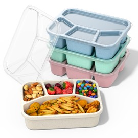 XGXN XGXN Bento Box Adult Lunch Box (4 Pack), 4-Compartment Meal Prep Container for Kids, Reusable Food Storage Containers with Transparent Lids, No BPA, Microwaveable (Wheat (Green/Blue/Pink/Beige))